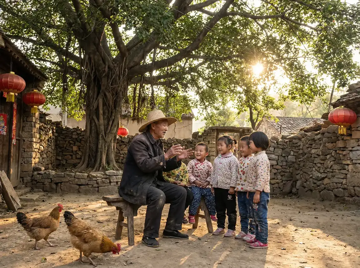 老人在大榕树下给孩子们讲故事 - 四虎影视四虎在钱免费 乡村记忆
